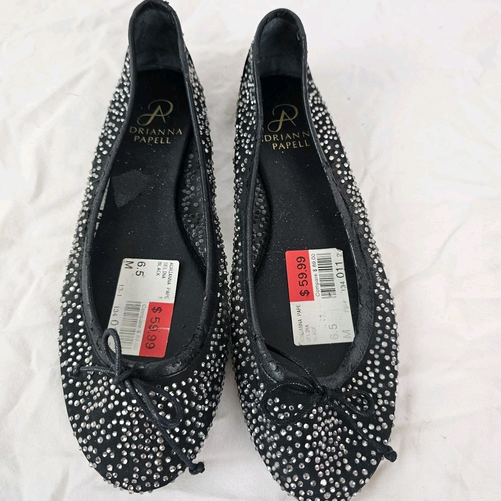 Adrianna Papell Black Ballet Flats Rhinestone Shimmer Mesh Slip On Sz 6.5